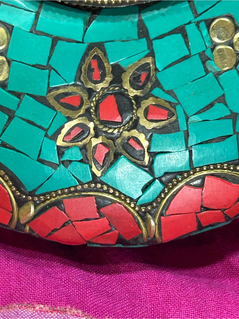 Vintage Turquoise & Red Mosaic Crossbody Tibetan Bag - Picture 4 of 12